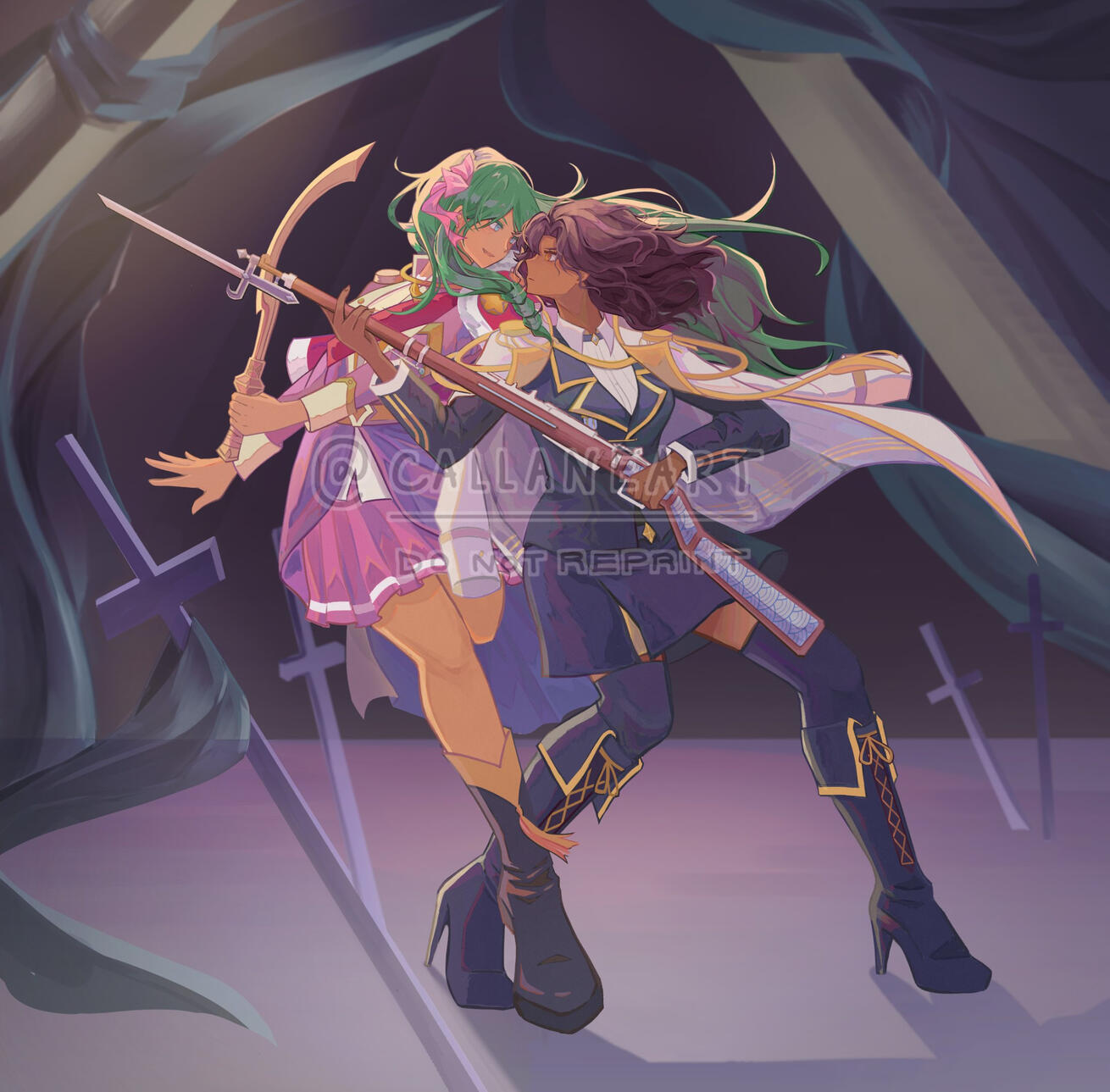 lineart, paint shading, fullbody dynamic, somewhat complex, simple bg, 2 characters — $170